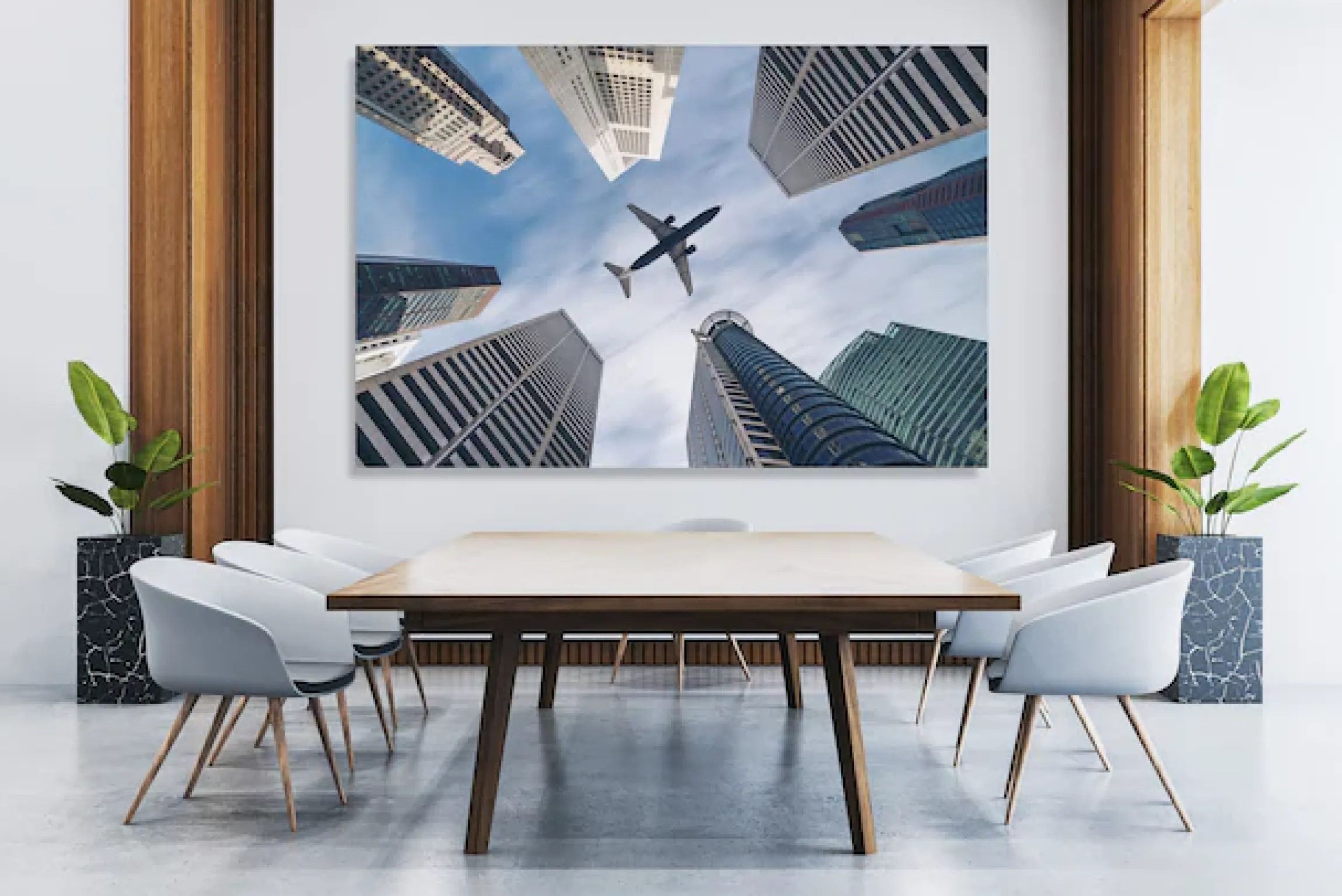 queence XXL-Wandbild »Akustikbild Flugzeug Wolkenkratzer« Architektonische Elemente | Flugzeuge | Frankfurt am Main | Gebäude | Himmel | Himmelsbilder 1 Stk. tlg. Einfache Akustiklösung ohne Baumaßnahme, Schalldämmung, Paneele