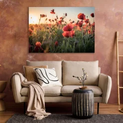queence XXL-Wandbild »Akustikbild Mohn Mohnfeld bei Sonnenaufgang« Bilder vom Sonnenuntergang & -aufgang | Blumen | Blumenbilder | Blumenwiese | Felder | Natur | Pflanzen | Pflanzenbilder