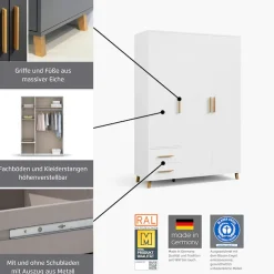 rauch Drehtürenschrank »Kleiderschrank Schrank Garderobe SHINJO Breiten 93/140/187 cm« in 3 verschiedenen Ausstattungen BASIC/CLASSIC/PREMIUM,Griffe und Füße aus Massivholz mit 2 Schubladen MADE IN GERMANY