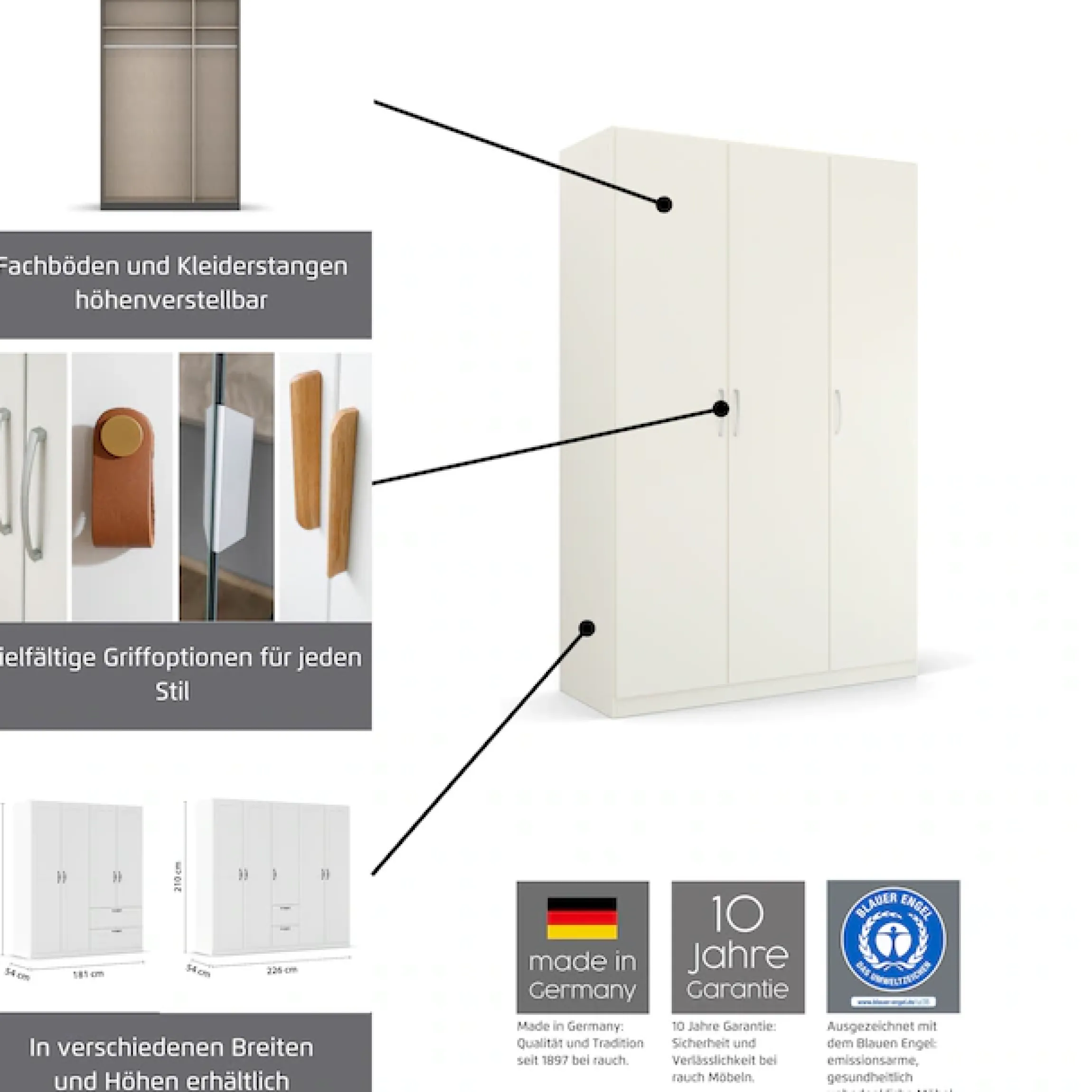 rauch Drehtürenschrank »Kleiderschrank Schrank Garderobe Ankleide MODERN BY QUADRA SPIN« Breiten: 181/226/271 cm, Höhe 210 cm,mit hochwertiger Glasfront und Stangengriff MADE IN GERMANY