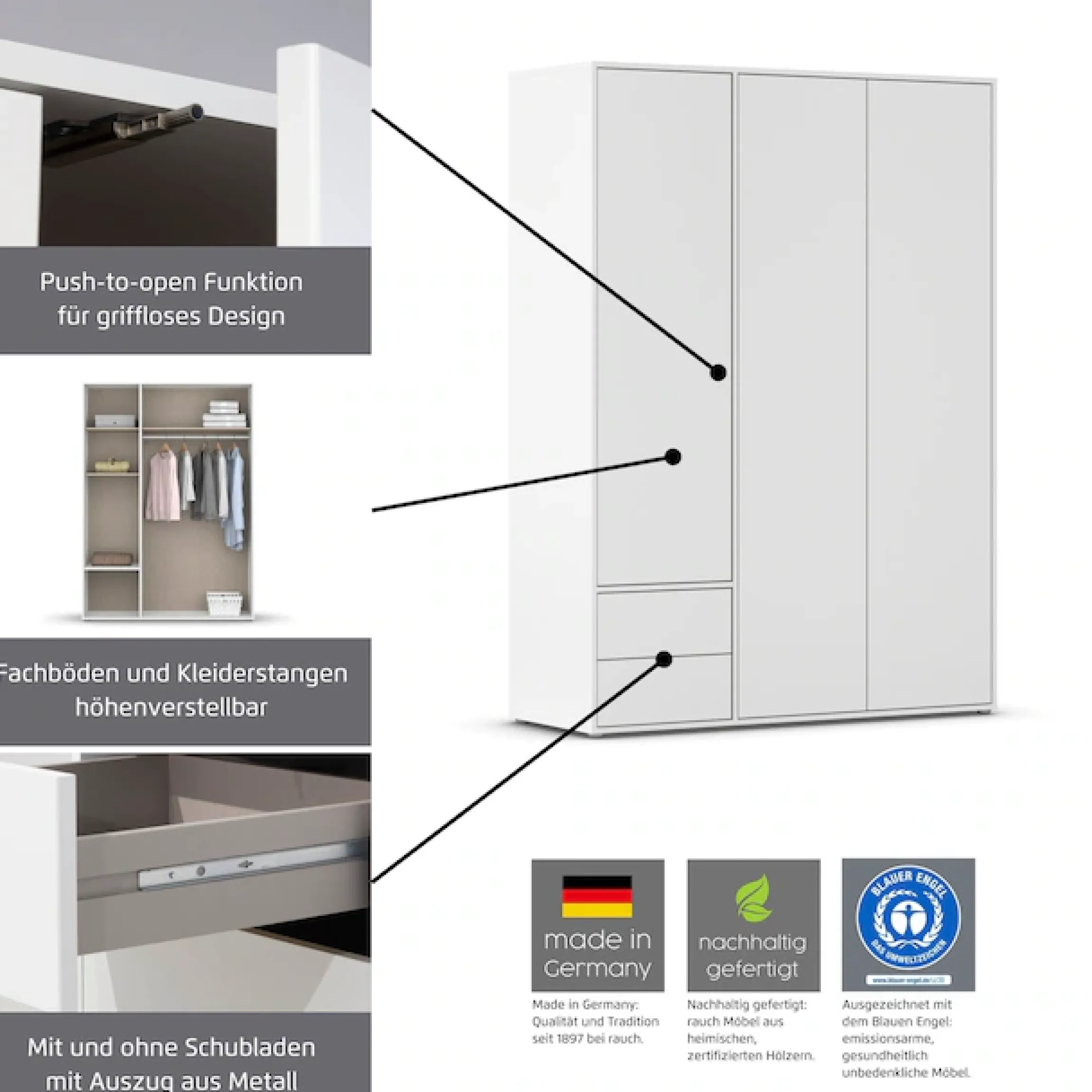 rauch Drehtürenschrank »Kleiderschrank Schrank Garderobe Wäscheschrank NABILA viel Stauraum« in 3 verschiedenen Ausstattungen BASIC/CLASSIC/PREMIUM,mit 2 Schubladen und Push-to-Open Funktion TOPSELLER MADE IN GERMANY