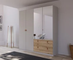 rauch Drehtürenschrank »Kleiderschrank Schrank Garderobe Ankleide HOMEY BY QUADRA SPIN« Breiten: 181/226/271 cm, Höhe 210 cm,mit cognacbraunen Ledergrifflaschen, Schubladen in Eichen-Dekor