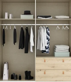 rauch Drehtürenschrank »Kleiderschrank Schrank Garderobe Ankleide HOMEY BY QUADRA SPIN« Breiten: 181/226/271 cm, Höhe 210 cm,mit cognacbraunen Ledergrifflaschen, Schubladen in Eichen-Dekor
