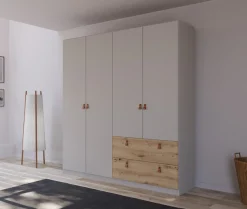 rauch Drehtürenschrank »Kleiderschrank Schrank Garderobe Ankleide HOMEY BY QUADRA SPIN« Breiten: 181/226/271 cm, Höhe 210 cm,mit cognacbraunen Ledergrifflaschen, Schubladen in Eichen-Dekor