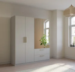 rauch Kleiderschrank »Drehtürenschrank Schrank Garderobe Ankleide SKANDI BY QUADRA SPIN« Breiten: 181/226/271 cm, Höhe 210 cm,im Landhaus-Stil mit Massivholzgriffen, mit Schubladen und Spiegel