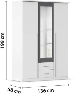 rauch Kleiderschrank »Kleiderschrank Schrank Garderobe Wäscheschrank Ankleide KREFELD« Breiten: 136/181 cm, Höhe: 199 cm,farblich abgesetzte Spiegelumrandung, Griffstangen MADE IN GERMANY