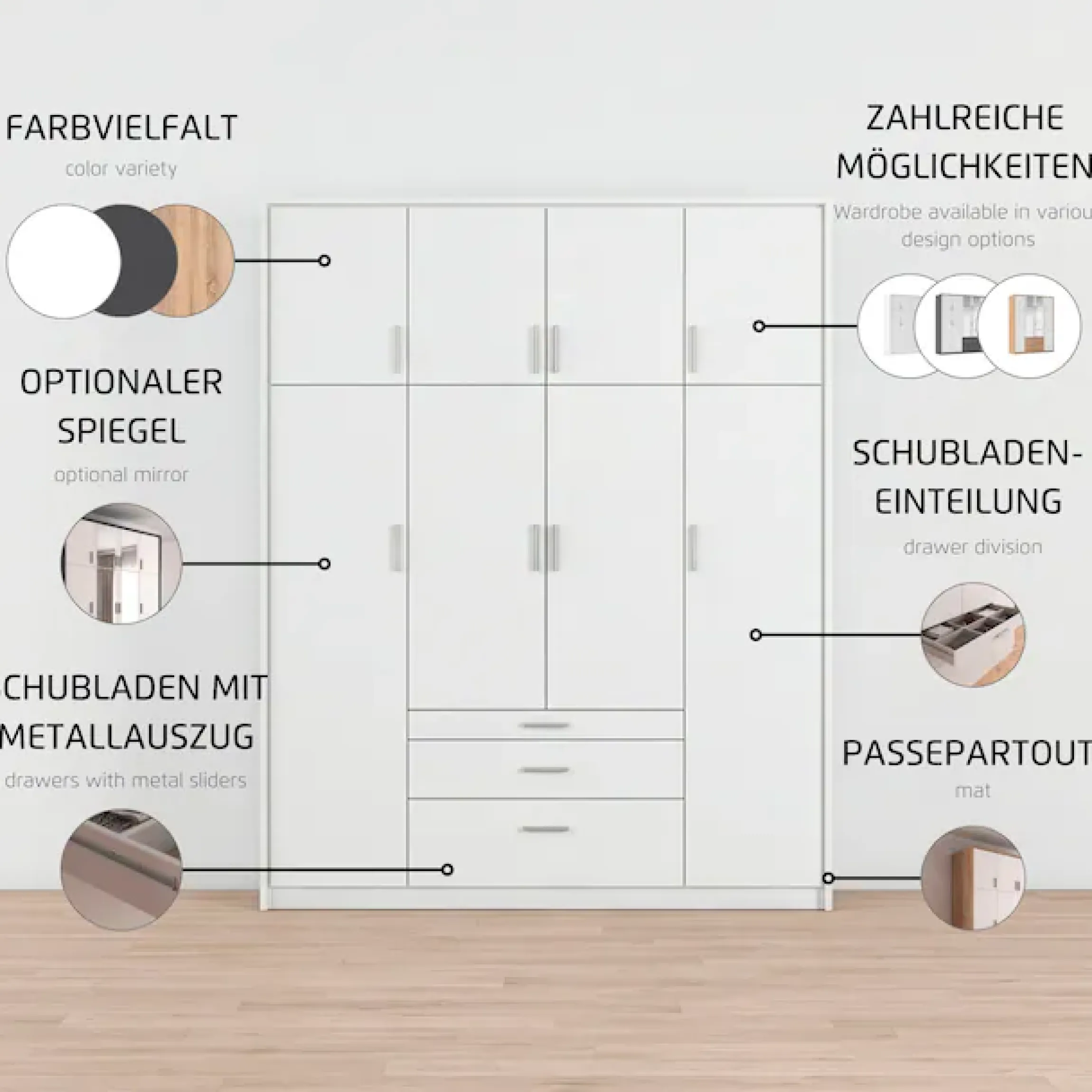rauch Kleiderschrank »Schrank Drehtürenschrank Garderobe Ankleide Schlafzimmer HILDESHEIM« Breiten: 185/275 cm, Höhe 231 cm,oberste Schublade mit praktischer Facheinteilung MADE IN GERMANY