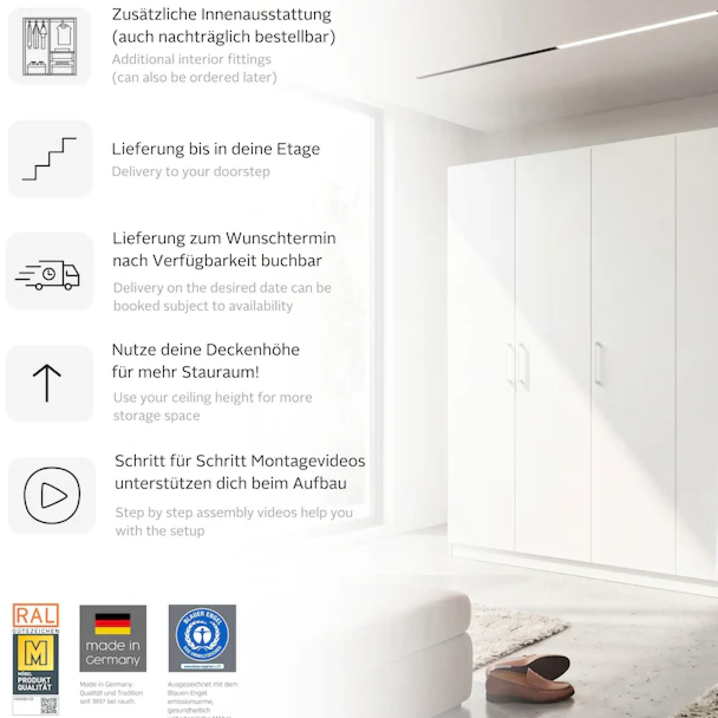 rauch Kleiderschrank »Schrank Mehrzweckschrank Garderobenschrank Schlafzimmer Möbel THOR« 3 verschiedene Ausstattungen BASIC/CLASSIC/PREMIUM (inkl. SOFT-CLOSE),mit farblich passenden, modernen Metallgriffen MADE IN GERMANY