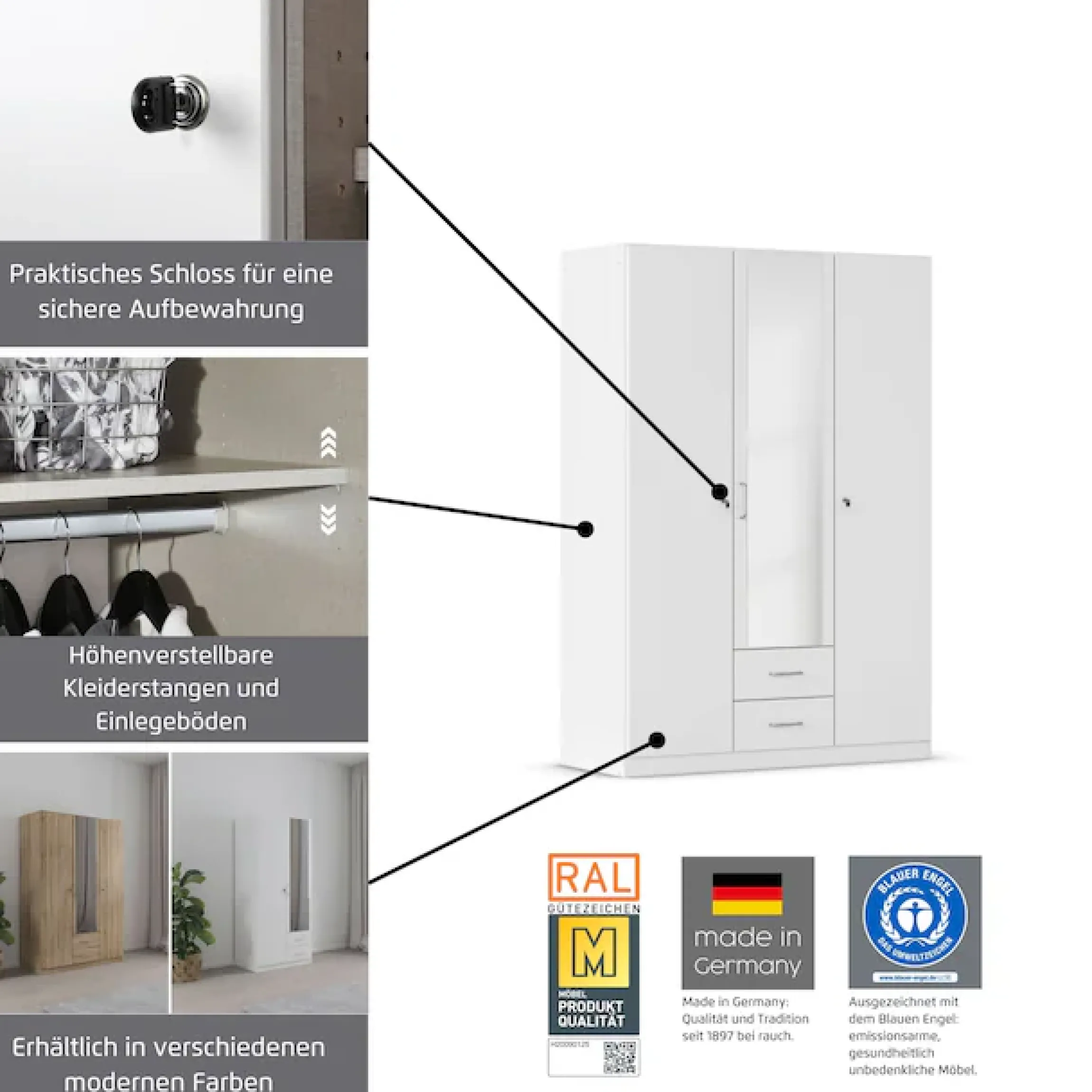 rauch Kleiderschrank »Schrank Garderobe Garderobenschrank Putzschrank Wäscheschrank BERGHEIM« Breite/Höhe/Tiefe: 91/197/54 cm,mit viel Stauraum, rechte Tür abschließbar 2 Schlüssel MADE IN GERMANY