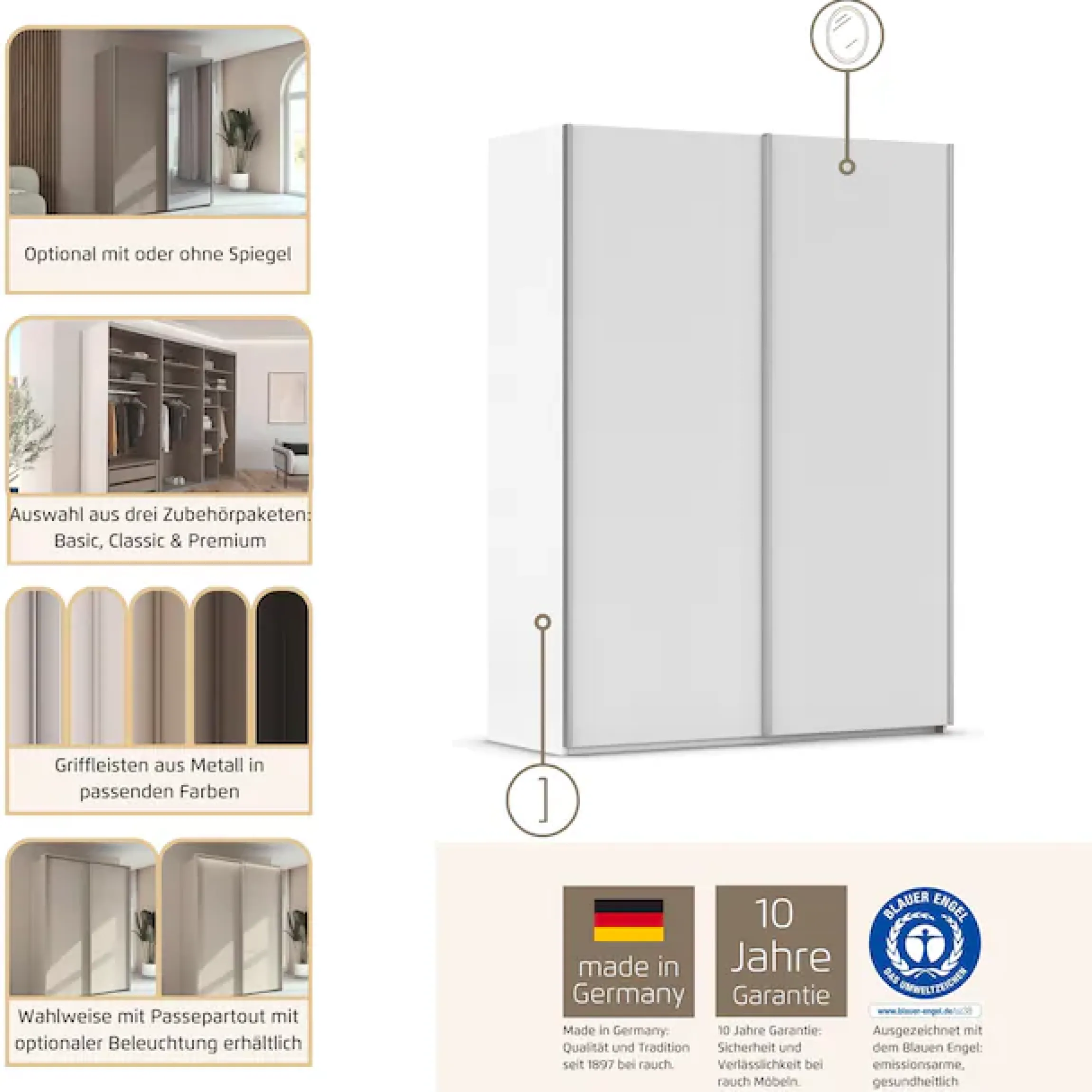 rauch Kleiderschrank »Schwebetürenschrank Schrank Garderobe Ankleide Schlafzimmer TARO« in 3 verschiedenen Ausstattungen BASIC/CLASSIC/PREMIUM (SOFT-CLOSE),4 Breiten, optional Passepartout mit/ohne Beleuchtung MADE IN GERMANY