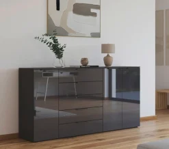rauch Kombikommode »Kommode Türkommode Sideboard Kombikommode FLIPP mit Glasfront« Breite 200 cm mit 4 Einlegeböden,3-türig mit 5 Schubladen und Soft-Close-Funktion sowie Glasfront