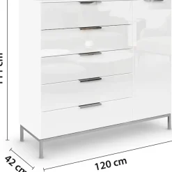 rauch Kombikommode »Kommode Türkommode Sideboard Kombikommode FLIPP mit Glasfront« Breite 120 cm mit 2 Einlegeböden,1-türig mit 5 Schubladen und Soft-Close-Funktion sowie Glasfront