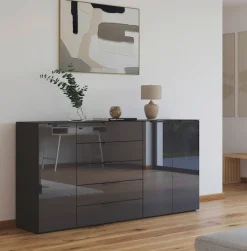 rauch Kombikommode »Kommode Türkommode Sideboard Kombikommode FLIPP mit Glasfront« Breite 200 cm mit 4 Einlegeböden,3-türig, 5 Schubladen, Soft-Close-Funktion, Oberboden und Front Glas