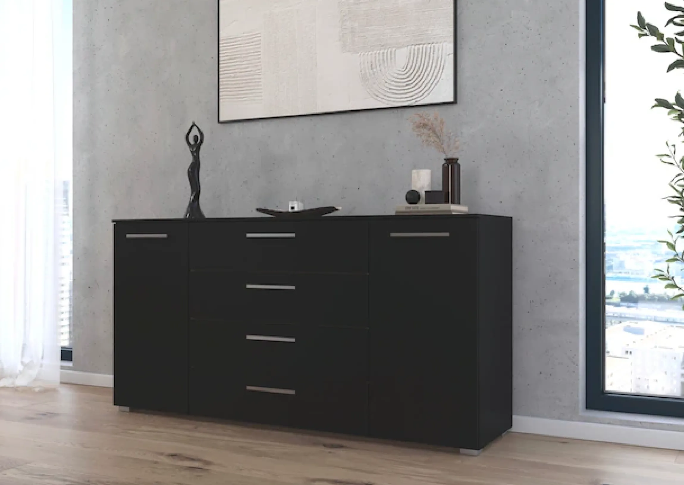 rauch Kombikommode »Sideboard Schubkommode Kommode MONTCLAR Front Dekor/Hochglanz/Glas« Breite 160 / Höhe 81 cm, 2 Einlegeböden, inkl. Soft-Close-Funktion,2-türig, 4 geräumige Schubladen, viele Griffvarianten MADE IN GERMANY
