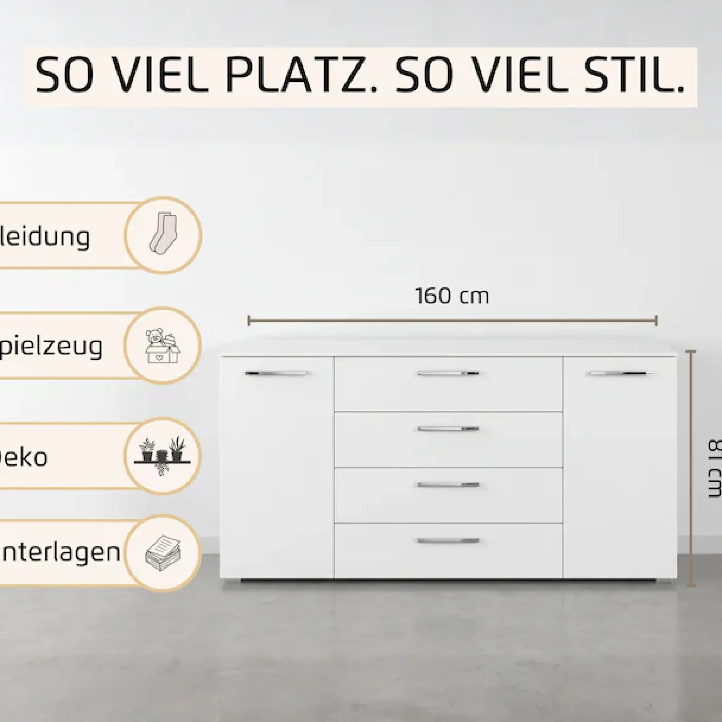 rauch Kombikommode »Sideboard Schubkommode Kommode MONTCLAR Front Dekor/Hochglanz/Glas« Breite 160 / Höhe 81 cm, 2 Einlegeböden, inkl. Soft-Close-Funktion,2-türig, 4 geräumige Schubladen, viele Griffvarianten MADE IN GERMANY