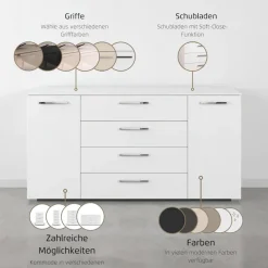 rauch Kombikommode »Sideboard Schubkommode Kommode MONTCLAR Front Dekor/Hochglanz/Glas« Breite 160 / Höhe 81 cm, 2 Einlegeböden, inkl. Soft-Close-Funktion,2-türig, 4 geräumige Schubladen, viele Griffvarianten MADE IN GERMANY