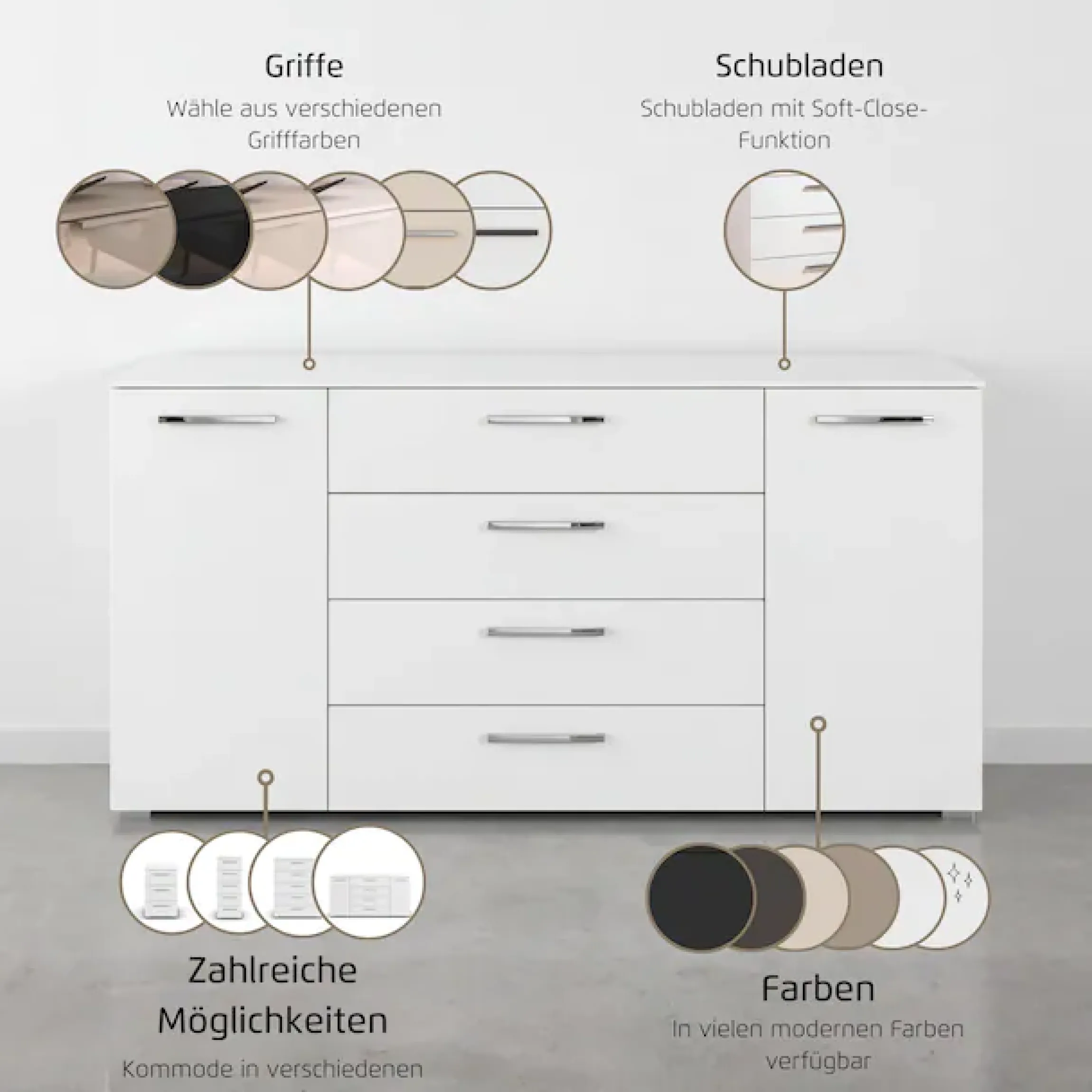 rauch Kombikommode »Sideboard Schubkommode Kommode MONTCLAR Front Dekor/Hochglanz/Glas« Breite 160 / Höhe 81 cm, 2 Einlegeböden, inkl. Soft-Close-Funktion,2-türig, 4 geräumige Schubladen, viele Griffvarianten MADE IN GERMANY