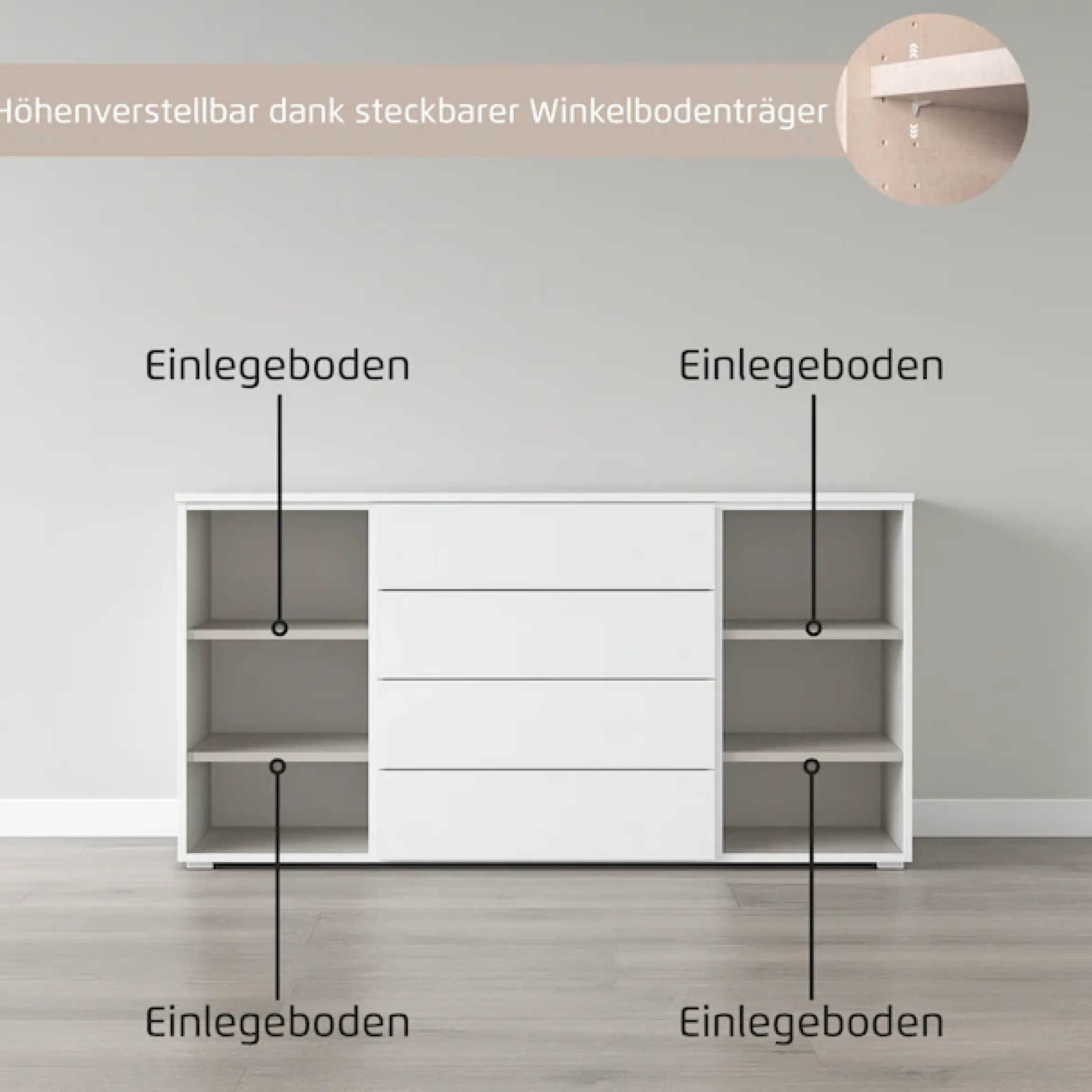 rauch Kombikommode »Sideboard Schubkommode Kommode MONTCLAR Front Dekor/Hochglanz/Glas« Breite 160 / Höhe 81 cm, 2 Einlegeböden, inkl. Soft-Close-Funktion,2-türig, 4 geräumige Schubladen, viele Griffvarianten MADE IN GERMANY