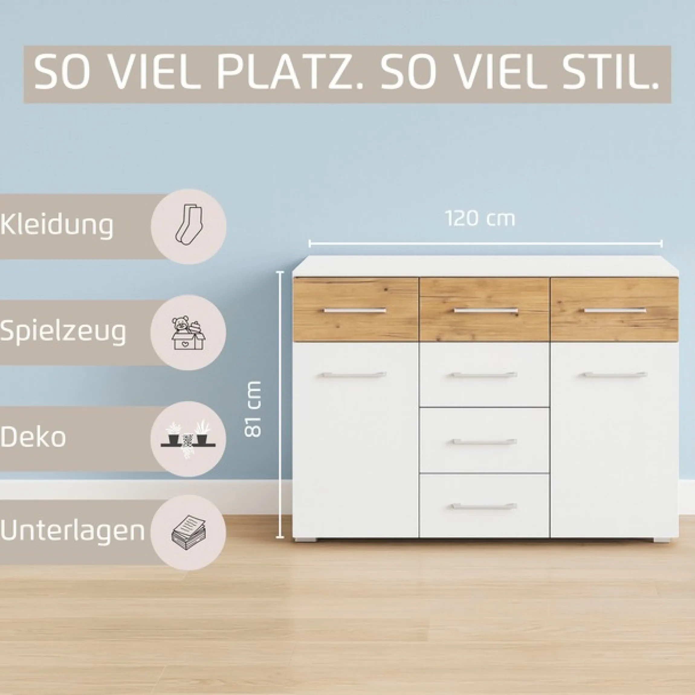 rauch Kombikommode »Sideboard Kommode Schubladenkommode Türenkommode BOSTON-EXTRA« B/H/T: 120/81/42 cm,mit 6 geräumigen Schubladen, Einlegeböden verstellbar MADE IN GERMANY