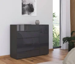 rauch Schubkastenkommode »Kommode Türkommode Sideboard Kombikommode FLIPP mit Glasfront« Breite 120 cm mit 2 Einlegeböden,1-türig, 5 Schubladen, Soft-Close-Funktion, Oberboden und Front Glas