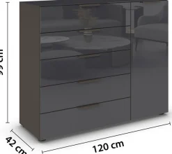 rauch Schubkastenkommode »Kommode Türkommode Sideboard Kombikommode FLIPP mit Glasfront« Breite 120 cm mit 2 Einlegeböden,1-türig, 5 Schubladen, Soft-Close-Funktion, Oberboden und Front Glas