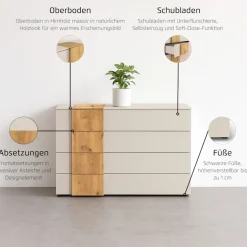 rauch Schubkastenkommode »Sideboard Kommode Schubladenkommode KONA« Breite 120 cm, Höhe 81 cm,Absetzung Asteiche massiv, inkl. SOFT-CLOSE-FUNKTION MADE IN GERMANY