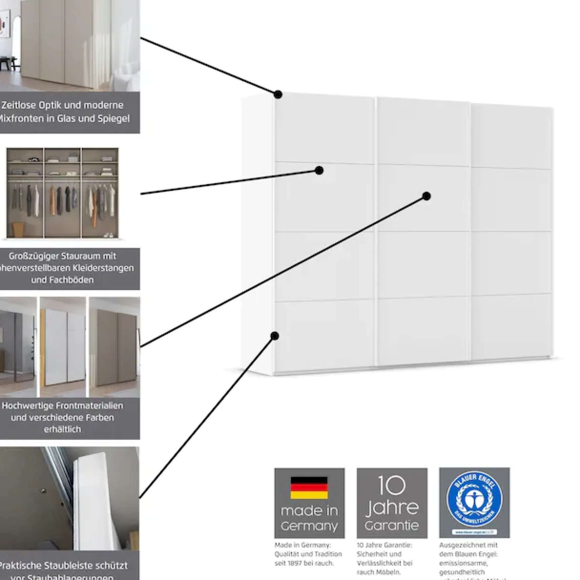 rauch Schwebetürenschrank »Kleiderschrank Schrank Garderobe Schlafzimmerschrank SCALE-FYRA« edle viergeteilte Türen, Spiegelfront und viele Farben MADE IN GERMANY
