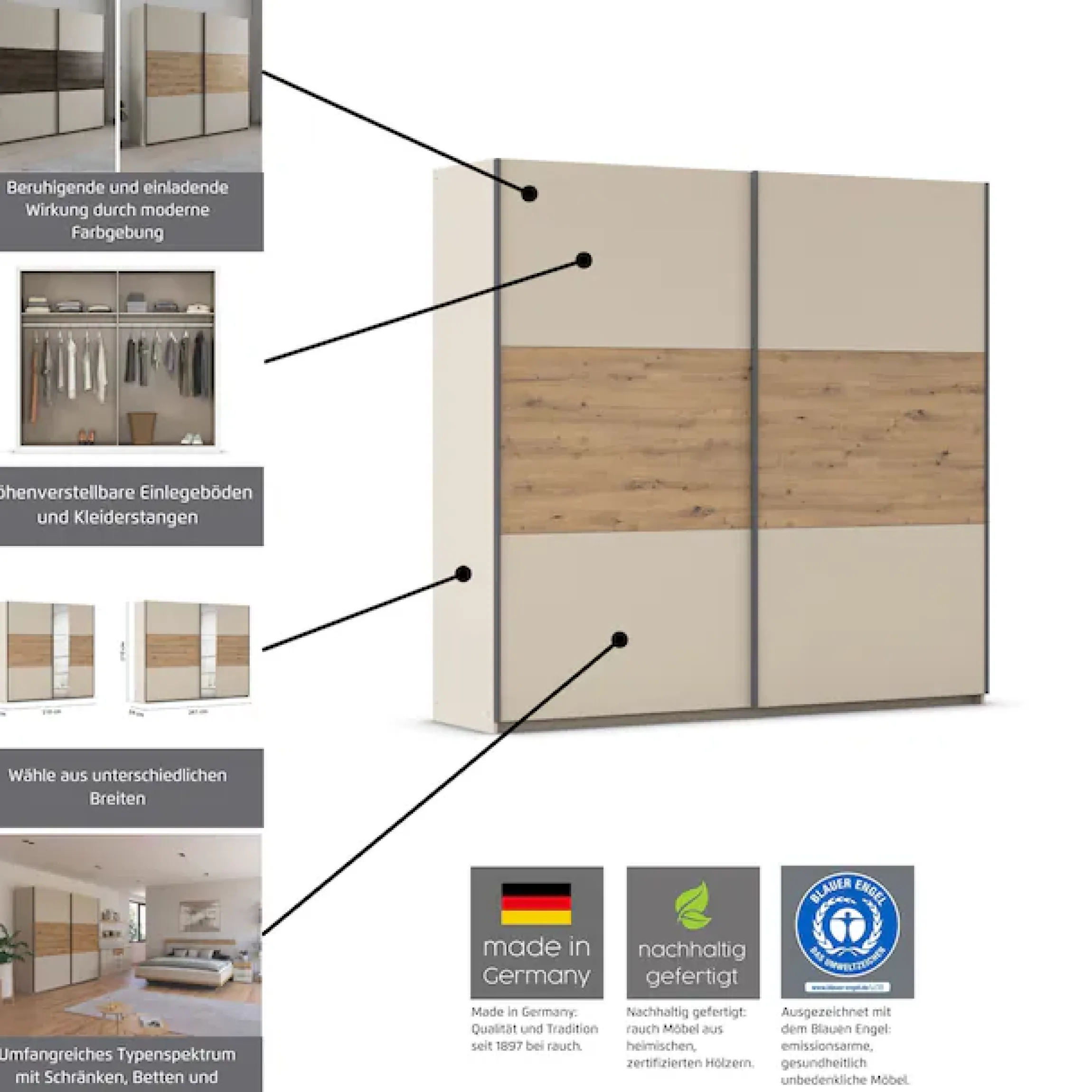 rauch Schwebetürenschrank »Kleiderschrank Schrank Garderobe Schlafzimmerschrank SAJO« in 2 Breiten (218, 261 cm) optional mit Spiegel MADE IN GERMANY