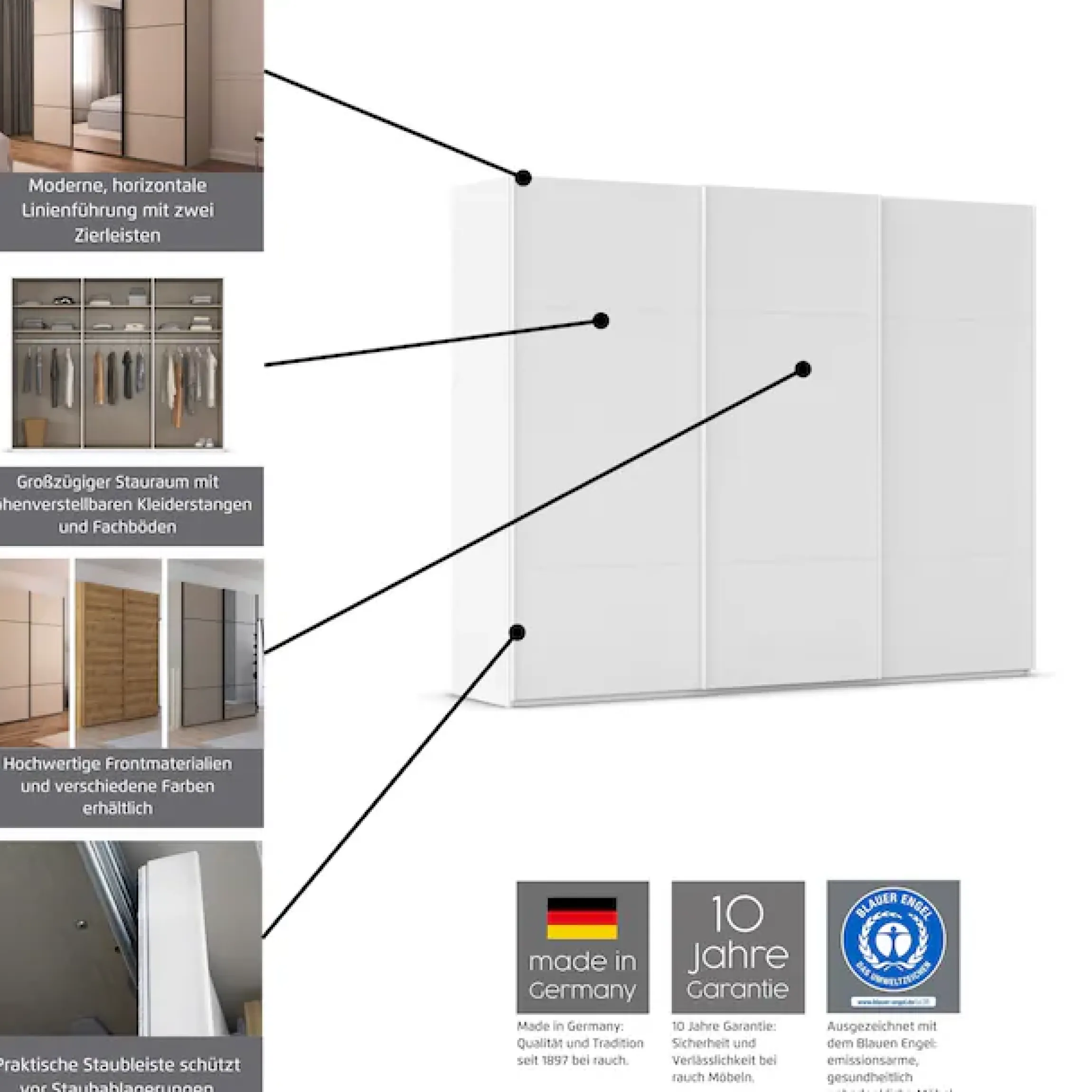 rauch Schwebetürenschrank »Kleiderschrank Schrank Garderobe Schlafzimmerschrank SCALE-TRIO« edle dreigeteilte Front mit 2 Zierleisten Spiegelfront MADE IN GERMANY
