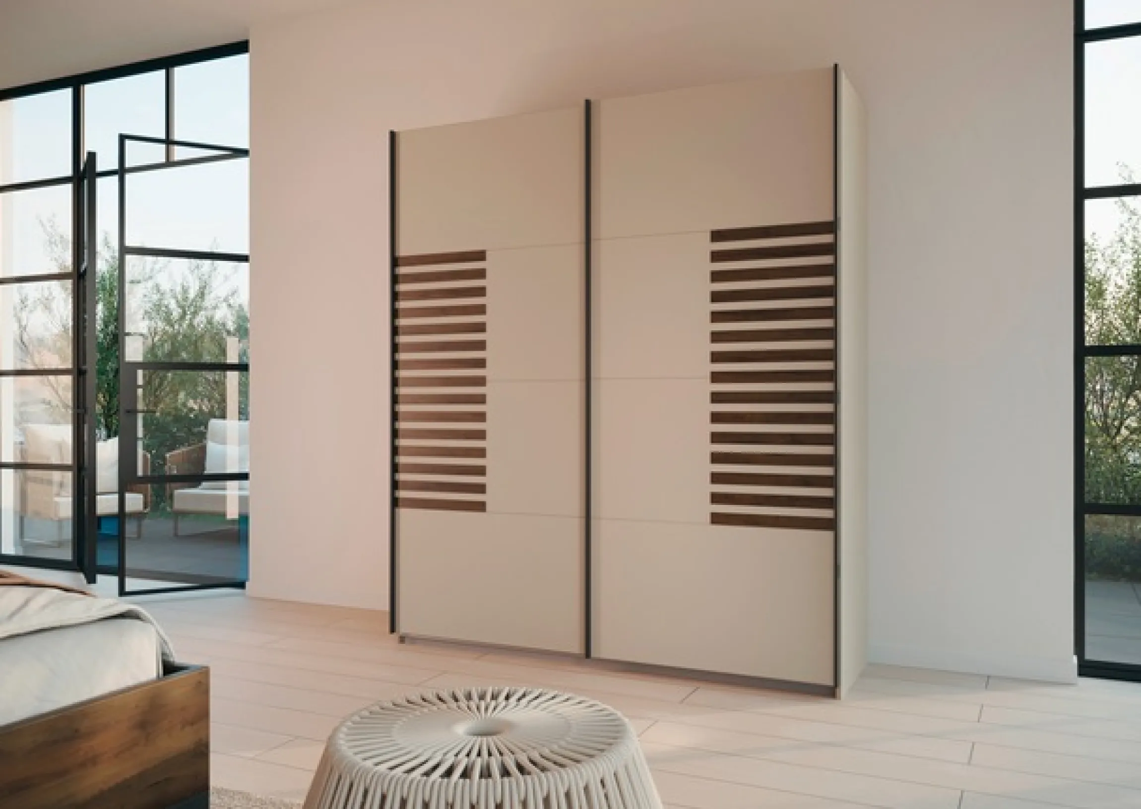 rauch Schwebetürenschrank »Kleiderschrank Schrank Garderobe Schlafzimmerschrank BAREA« Front mit Auflage in moderner Lamellen-Optik MADE IN GERMANY