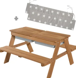 roba® Kindersitzgruppe »Picknick for 4 Outdoor + mit Spielwannen, Teakholz-Optik« Set,mit abgerundeten Ecken; inklusive Sitzauflagen Â»Little StarsÂ«