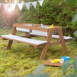 roba® Kindersitzgruppe »Picknick for 4 Outdoor + mit Spielwannen, Teakholz-Optik« Set,mit abgerundeten Ecken; inklusive Sitzauflagen Â»Little StarsÂ«