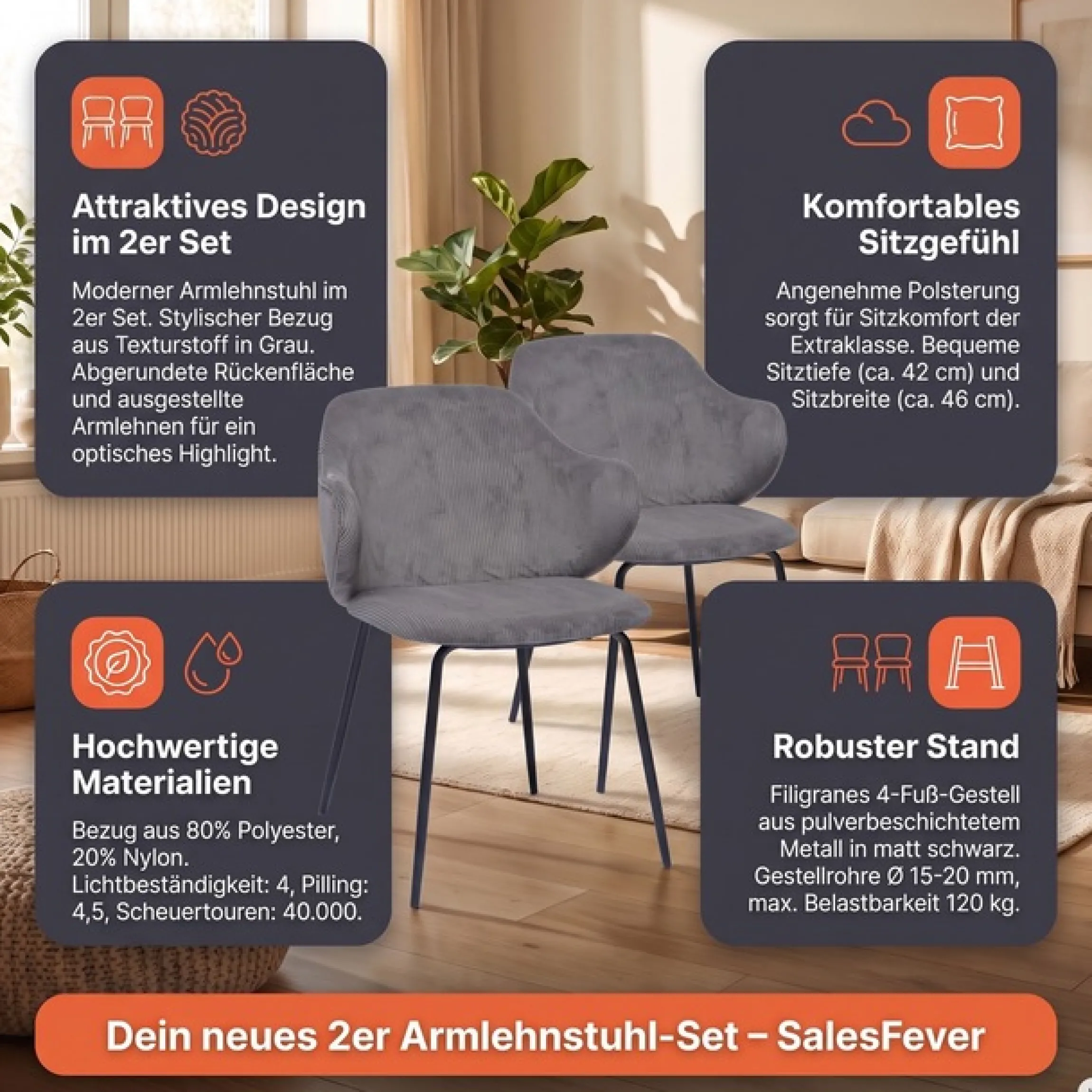 SalesFever Armlehnstuhl »Skive Zweier-Set mit stilvollem Cord-Optik Bezug« (Set) 2 Stk.Bezug in Cord-Optik