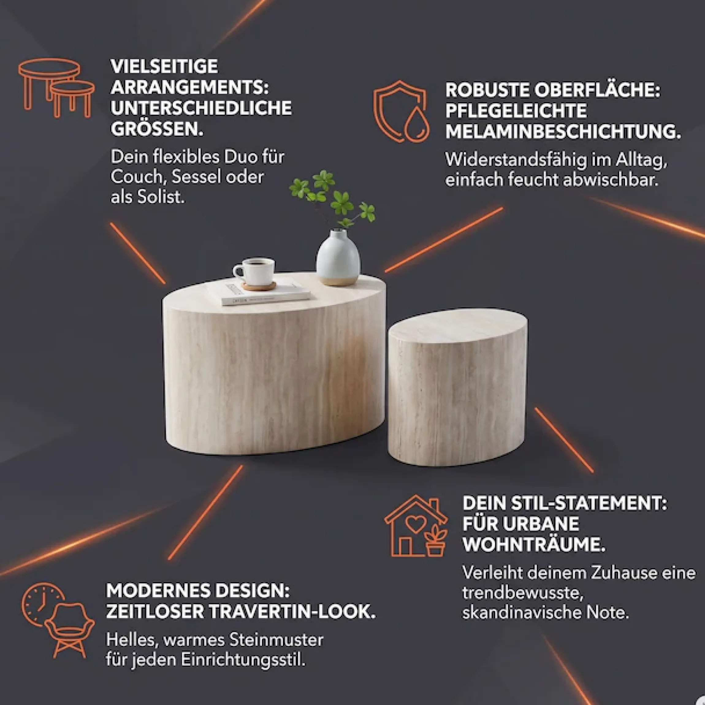 SalesFever Couchtisch »Almeria - Stilvoller Wohnzimmer- und Beistelltisch« Set, 2er Set, 2 Stk. tlg. oval, in Travertinoptik