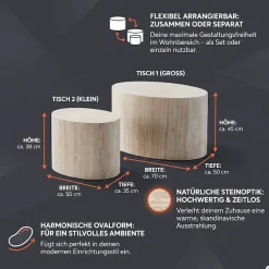 SalesFever Couchtisch »Almeria - Stilvoller Wohnzimmer- und Beistelltisch« Set, 2er Set, 2 Stk. tlg. oval, in Travertinoptik