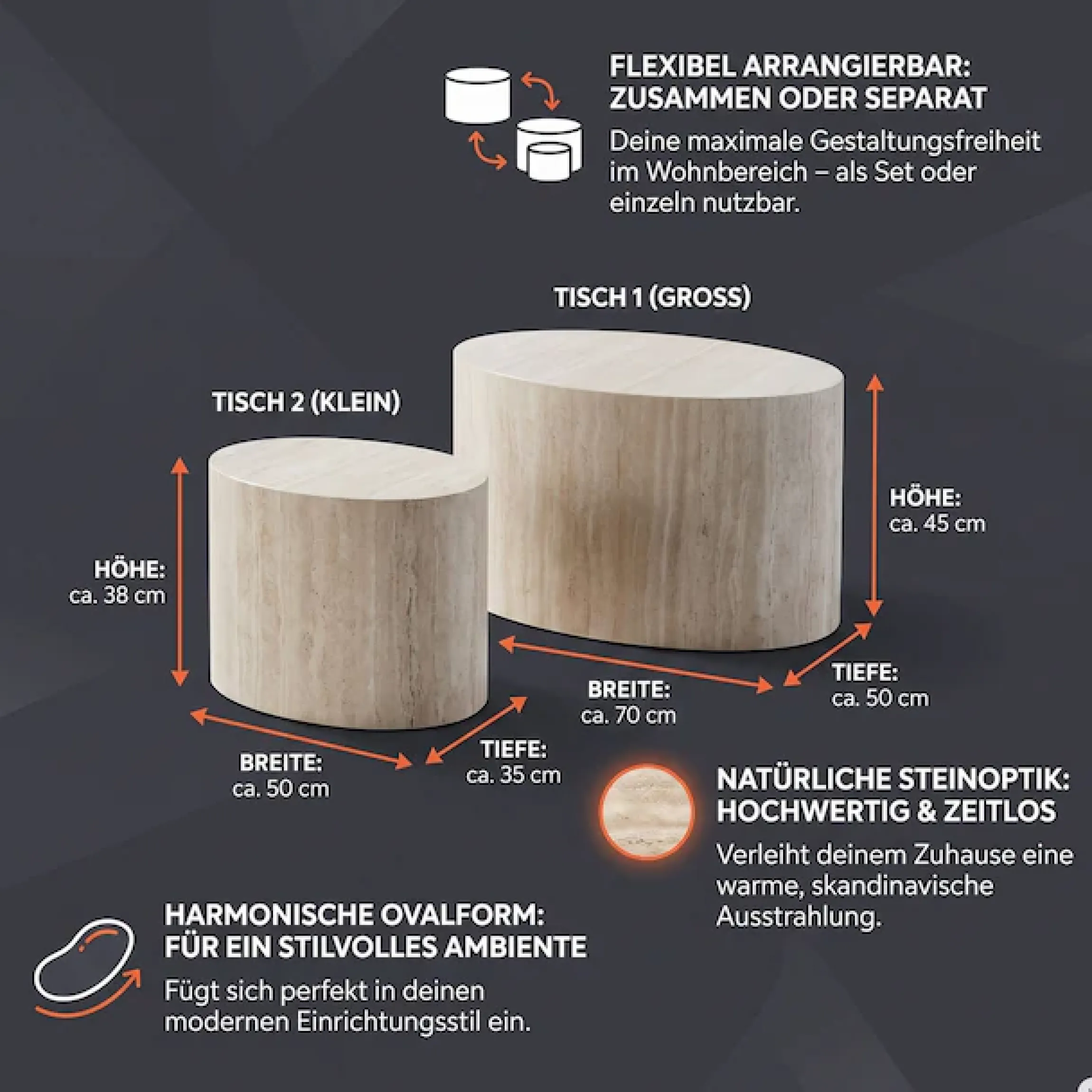 SalesFever Couchtisch »Almeria - Stilvoller Wohnzimmer- und Beistelltisch« Set, 2er Set, 2 Stk. tlg. oval, in Travertinoptik