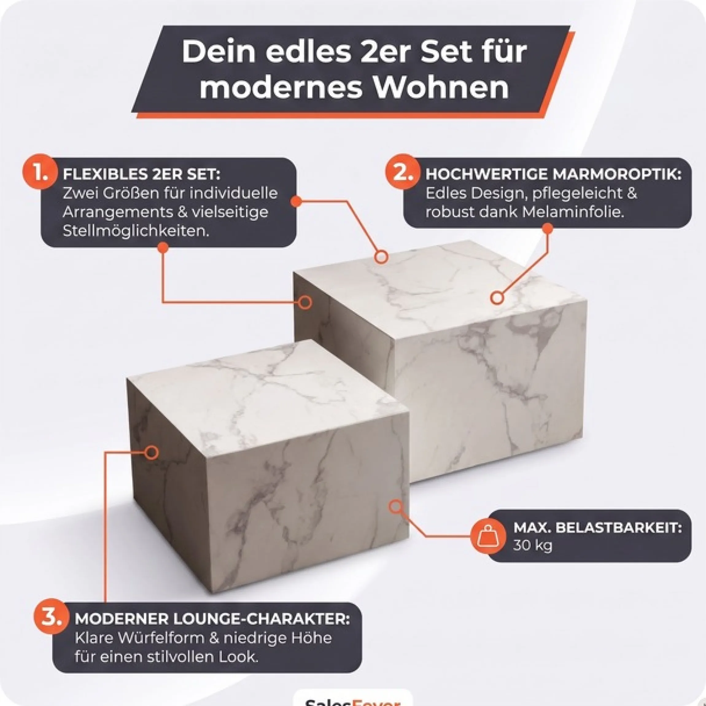 SalesFever Couchtisch »Almeria - Stilvoller Wohnzimmer- und Beistelltisch« Set, 2er Set, 2 Stk. tlg. Quadratisches 2er-Set in edler Marmoroptik