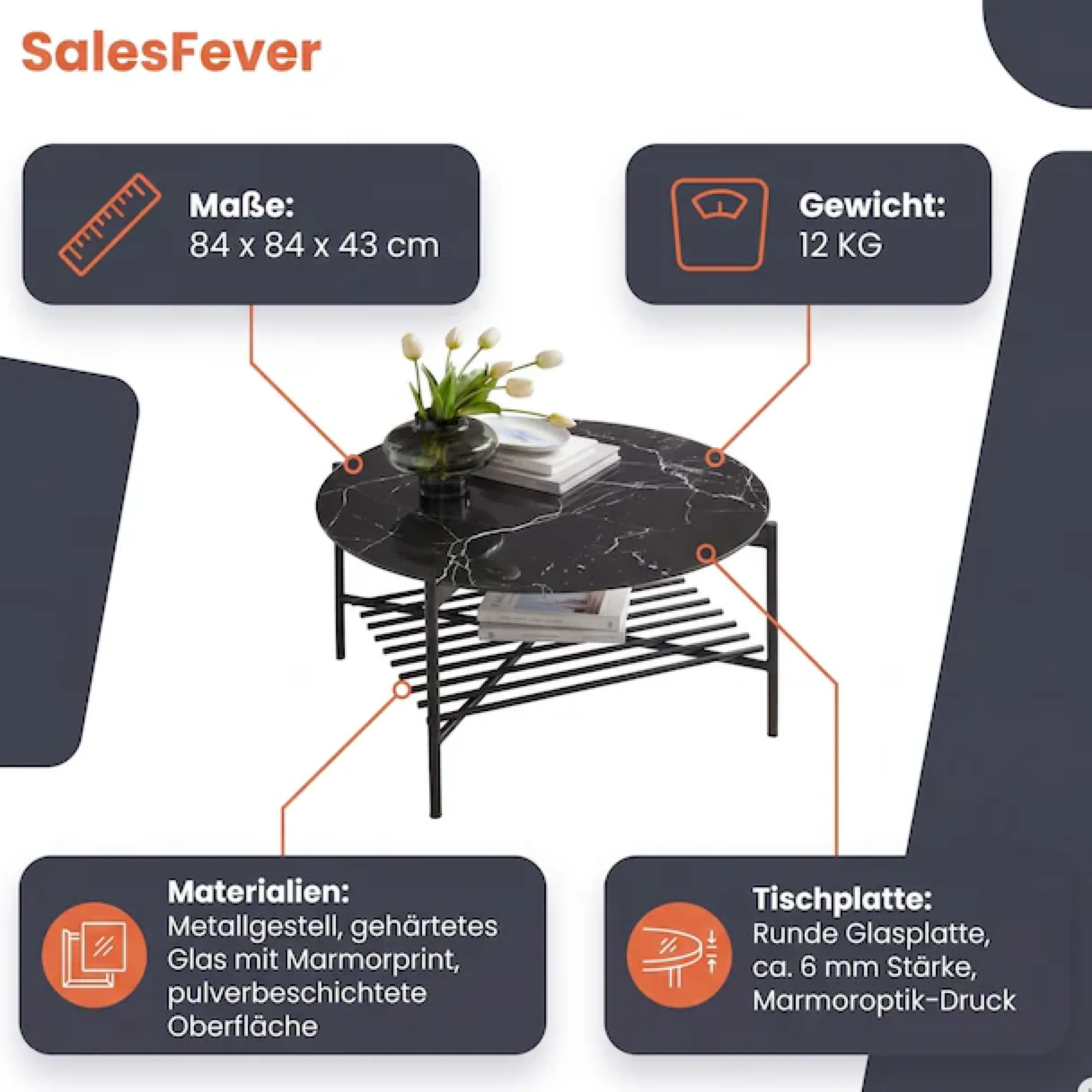 SalesFever Couchtisch »Coffeetable Wohnzimmertisch im minimalistischen Stil« 1 Stk. tlg. Glasplatte in Marmoroptik