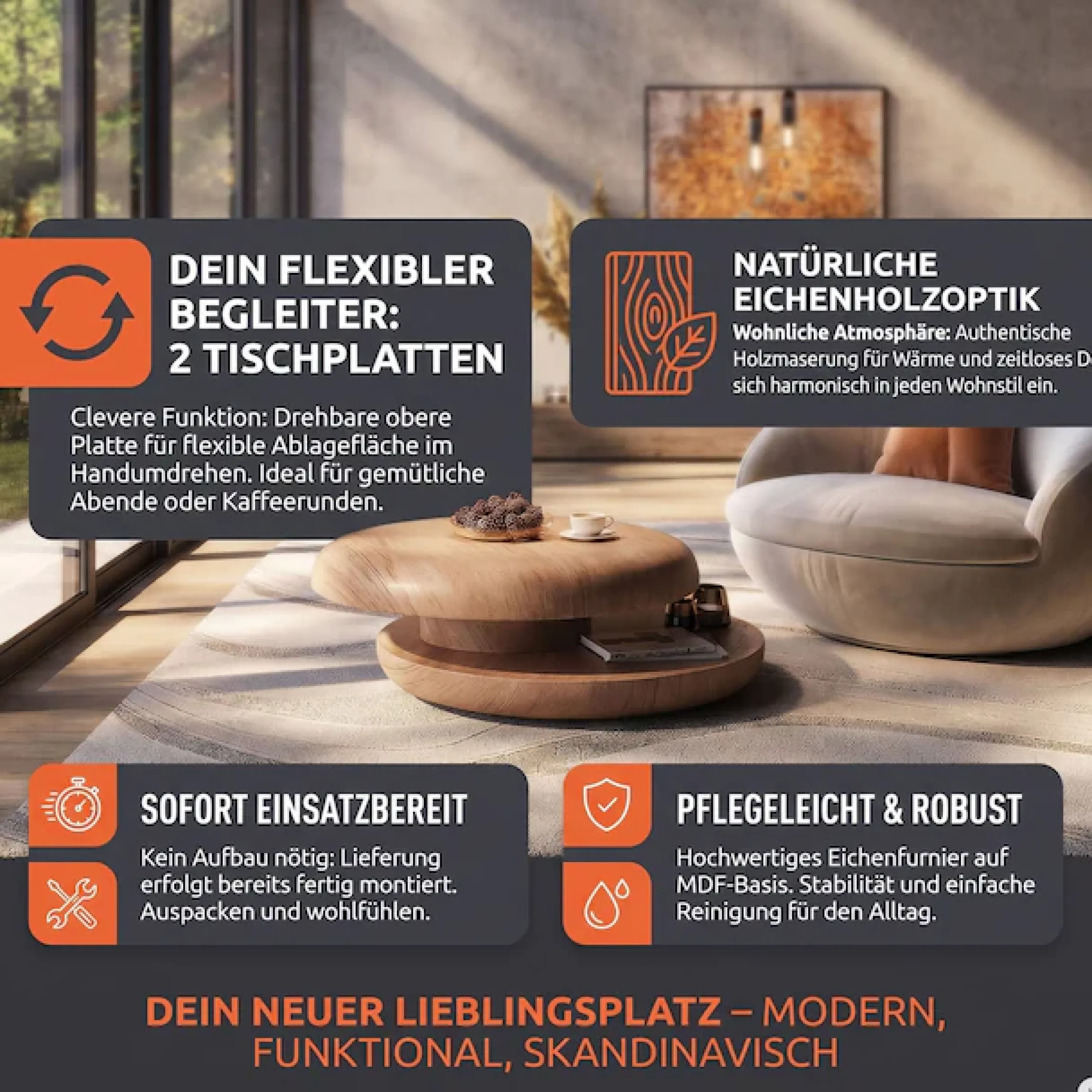 SalesFever Couchtisch »drehbar - runder Design-Wohnzimmertisch aus Holz« 1 Stk. tlg. Stilvoller & moderner Tisch mit Echtholzfurnier, Ø 90 cm