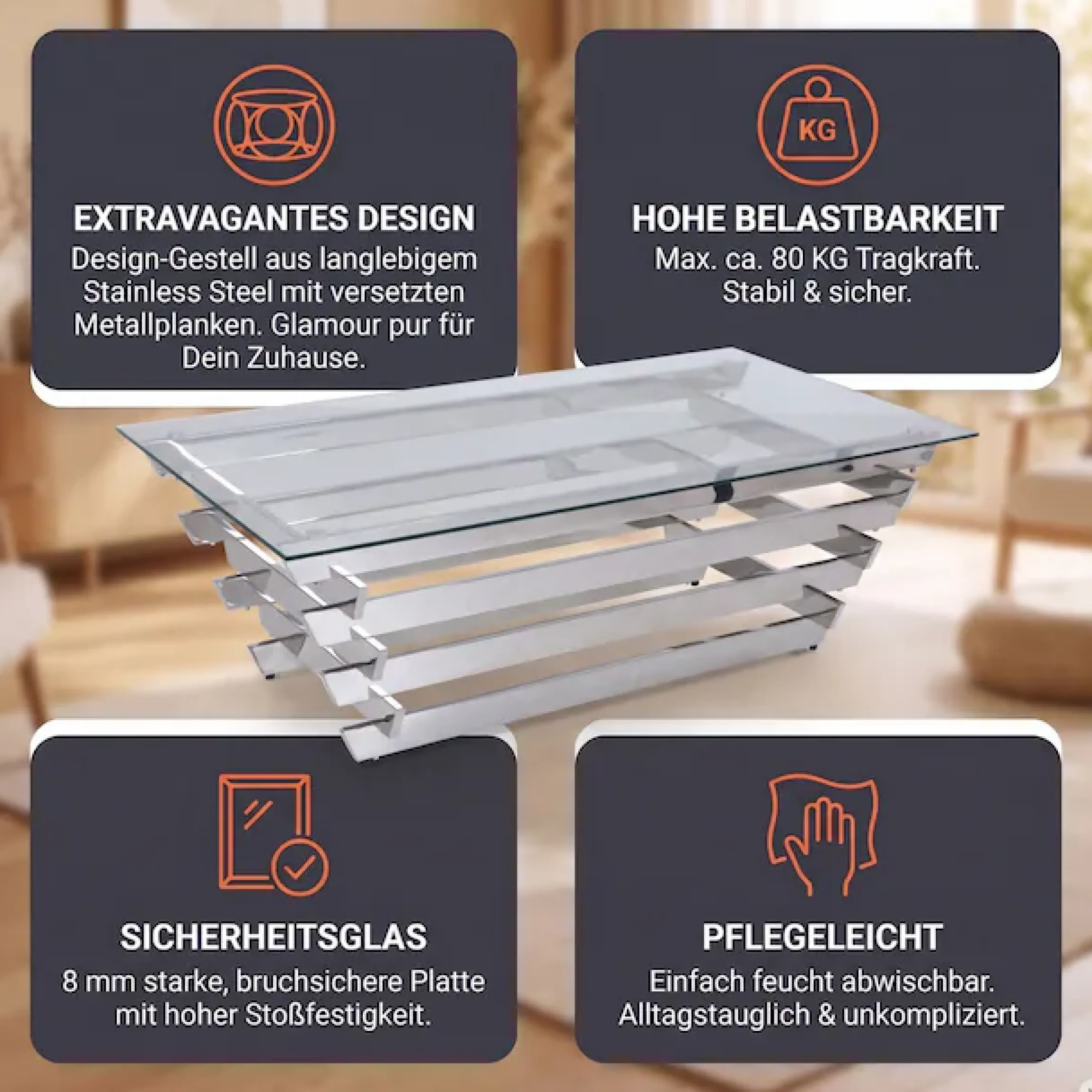 SalesFever Couchtisch »Eleganter Tisch für Wohnzimmer« Edles Design-Gestell aus rostfreiem Stahl