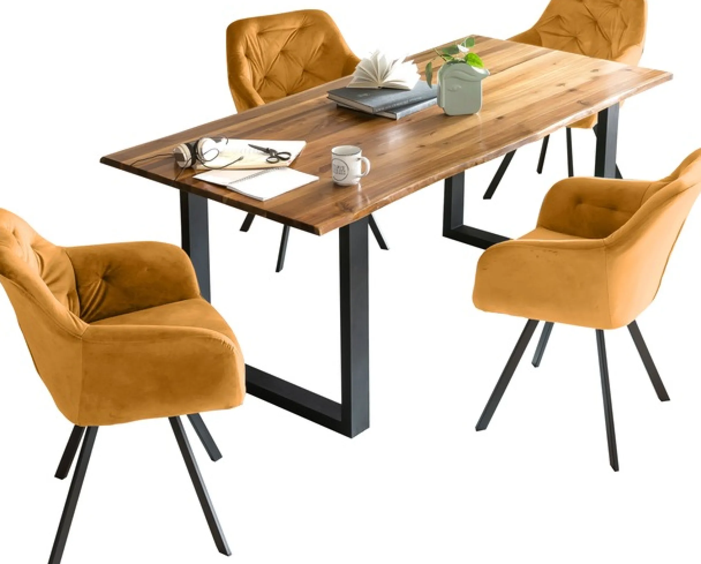 SalesFever Essgruppe »Essgruppe für stilvolles Speisen« Set, 5 Stk. tlg. 5-teiliges Set: Drehstühle und Tisch mit authentischer Baumkante