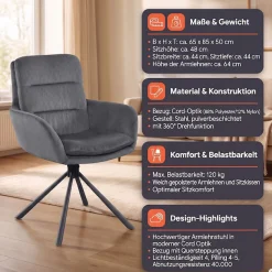 SalesFever Esszimmerstuhl »Pizzo Eleganter Armlehnstuhl« () 1 Stk.Cord-Esszimmersessel mit 360° Drehkomfort