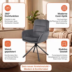 SalesFever Esszimmerstuhl »Pizzo Eleganter Armlehnstuhl« () 1 Stk.Cord-Esszimmersessel mit 360° Drehkomfort