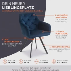 SalesFever Esszimmerstuhl »Toronto Stuhl - Stilvoller Armlehnstuhl mit Steppungen« () 1 Stk.Esszimmersessel, 360° Drehplatte unter der Sitzfläche