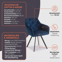 SalesFever Esszimmerstuhl »Toronto Stuhl - Stilvoller Armlehnstuhl mit Steppungen« () 1 Stk.Esszimmersessel, 360° Drehplatte unter der Sitzfläche