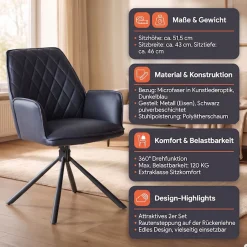 SalesFever Esszimmerstuhl »Vancouver Armlehnstuhl fürs Esszimmer« (Set) 2 Stk.Esszimmersessel, Rückenlehne mit Rautensteppung, 360° Drehfunktion