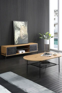 SalesFever Lowboard »York Design Lowboard für stilvolle Wohnräume« Kommode: Stilvoller Fernsehtisch mit mattschwarzem Polyrattan-Einsatz