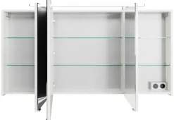 Saphir Badezimmerspiegelschrank »Serie 4010 Badezimmer-Spiegelschrank inkl. LED-Aufsatzleuchte« Badschrank 140 cm breit, 3 Türen, 6 Glas-Einlegeböden, inkl Türdämpfer