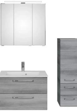 Saphir Badmöbel-Set »Badmöbel-Set Trentino 3-tlg Mineralmarmorwaschtisch,LED-Spiegelschrank« 4 Stk. tlg.