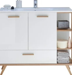 Saphir Badmöbel-Set »Quickset Mineralmarmor-Waschtisch mit LED-Spiegel, Unterschrank« 7 Stk. tlg.